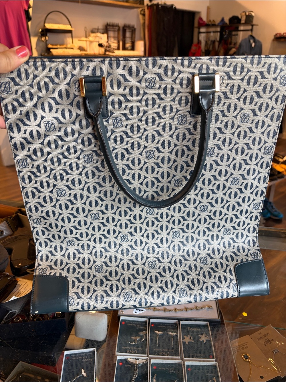 Patterned Canvas Tote with Navy Trim and Handles